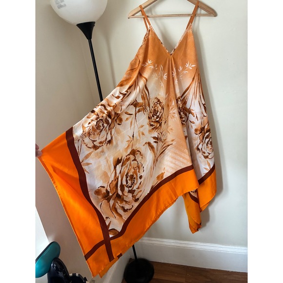 Mlle Gabrielle Dresses & Skirts - Mlle Gabriell Orange Brown Floral Scarf Print Handkerchief Hem Dress L Boho